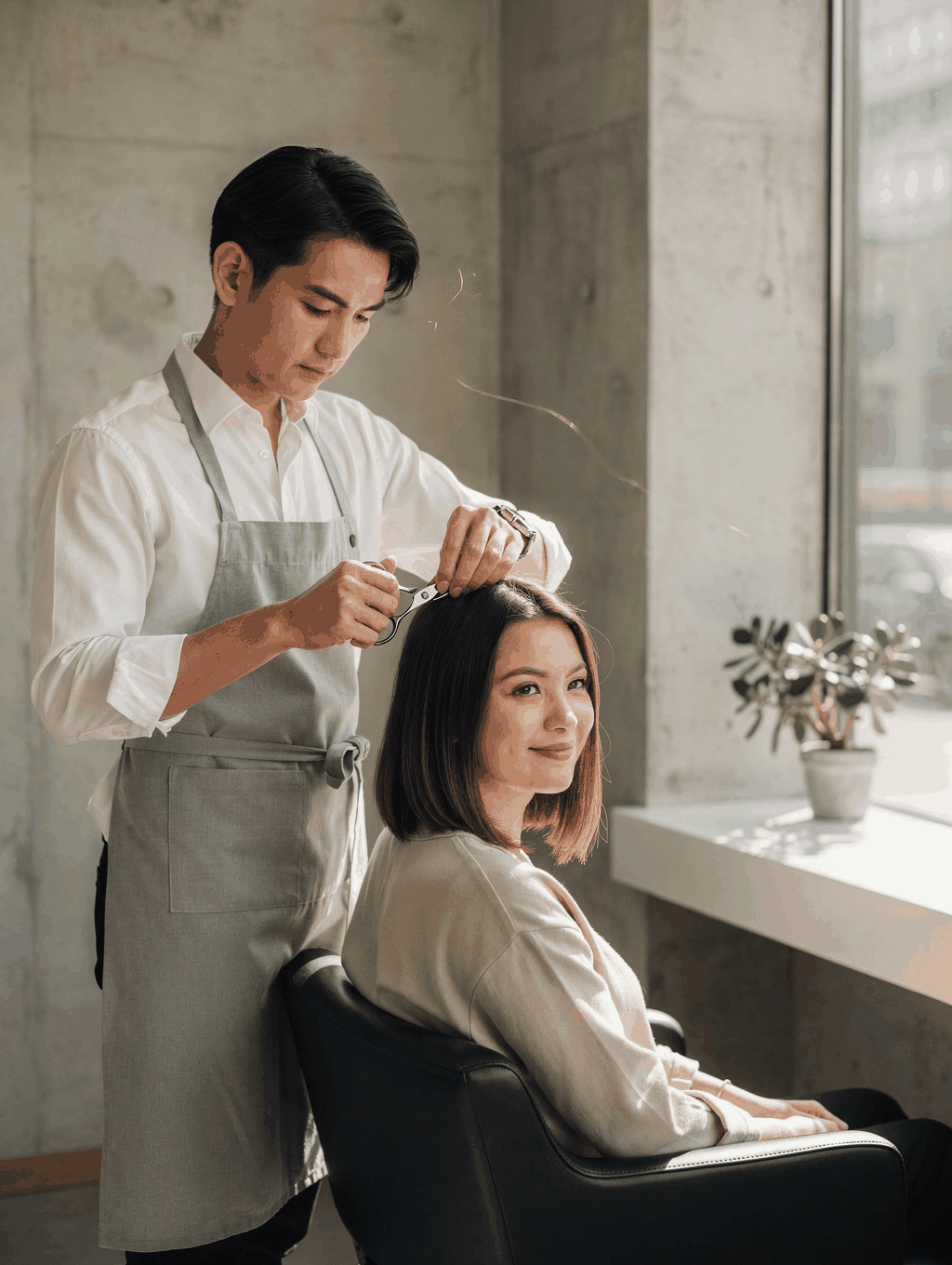 Master hair stylist styling a client in modern salon setting